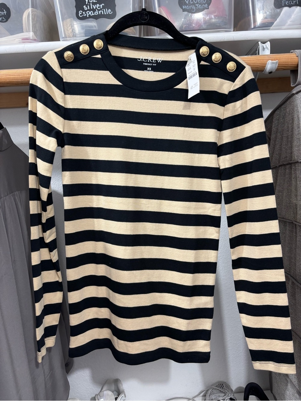 J. Crew Black and Cream Striped Button-Shoulder Long Sleeve Tee